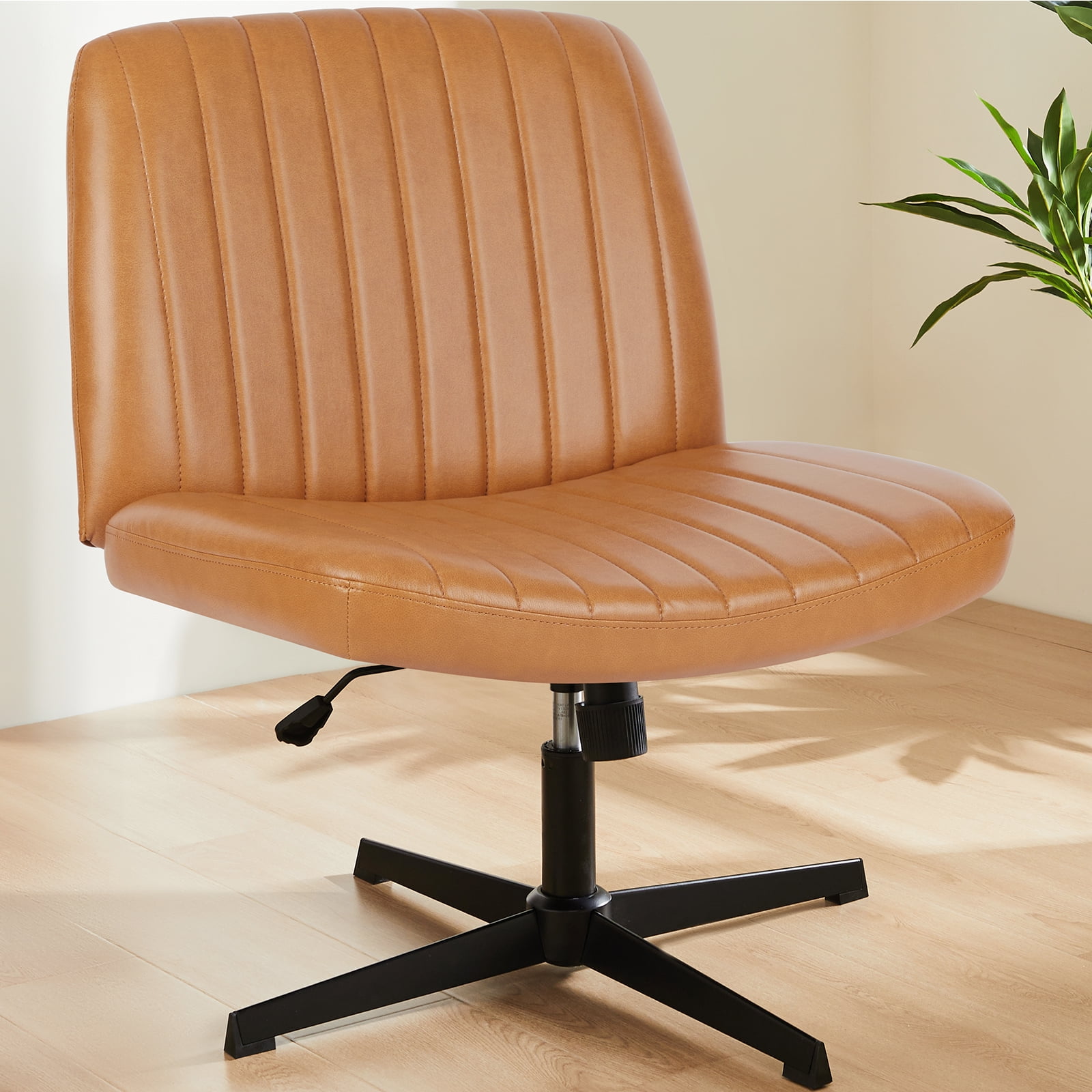 MCQ  Criss Cross Chair Legged Office Wide Comfy Desk Leather Seat, Armless Computer  Seating, Height Adjustable, for Family Bedroom, Brown