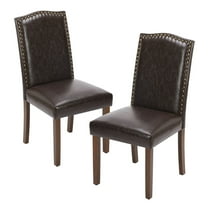 MCQ Dining Chairs, Leather Fabric Upholstered Modern Dining Room Chair with Nailhead Trim and Wood Legs, Set of 2 , Dark Brown
