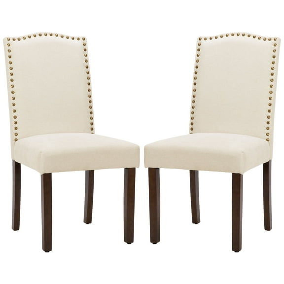 ​​MCQ Dining Chairs, Set of 2 Modern Upholstered Side Chairs with Nailhead Trim and Wood Legs, Beige Linen Fabric​