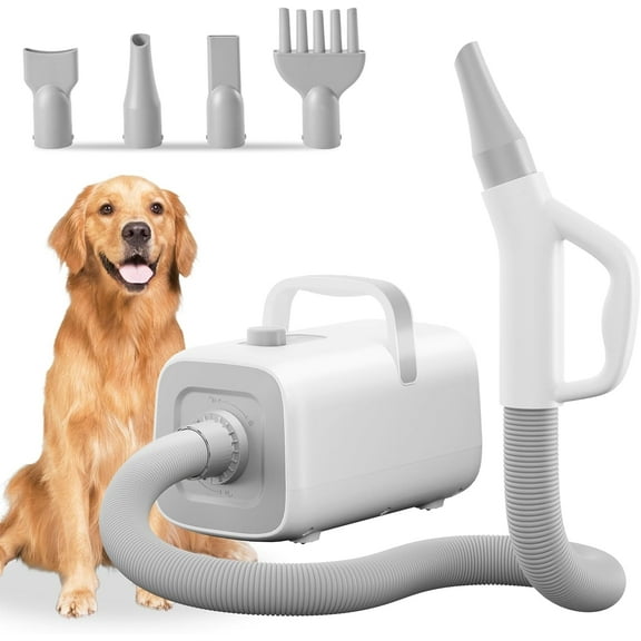 MCQ Dog Hair Dryer, High Velocity Pet Blow Grooming Dryer with Adjustable Wind Speed & Heater Temperature, Cool-Warm-Hot Cycle Mode, 4 Nozzles, 6.5ft Cord for Dog Hair Force Blower,Grey