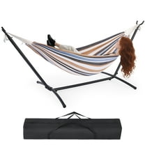 MCQ Double Hammock with Space Saving Steel Stand, 2 Person Heavy Duty Outdoor 450lb Capacity Standing Hammocks, Upgraded Polyester End Strings, Portable Carrying Bag Included, White Brown Stripes