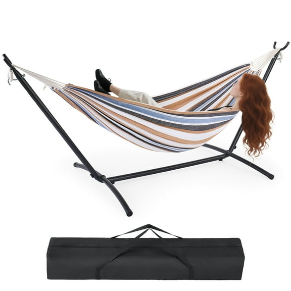MCQ Double Hammock with Space Saving Steel Stand, 2 Person Heavy Duty Outdoor 450lb Capacity Standing Hammocks, Upgraded Polyester End Strings, Portable Carrying Bag Included, White Brown Stripes
