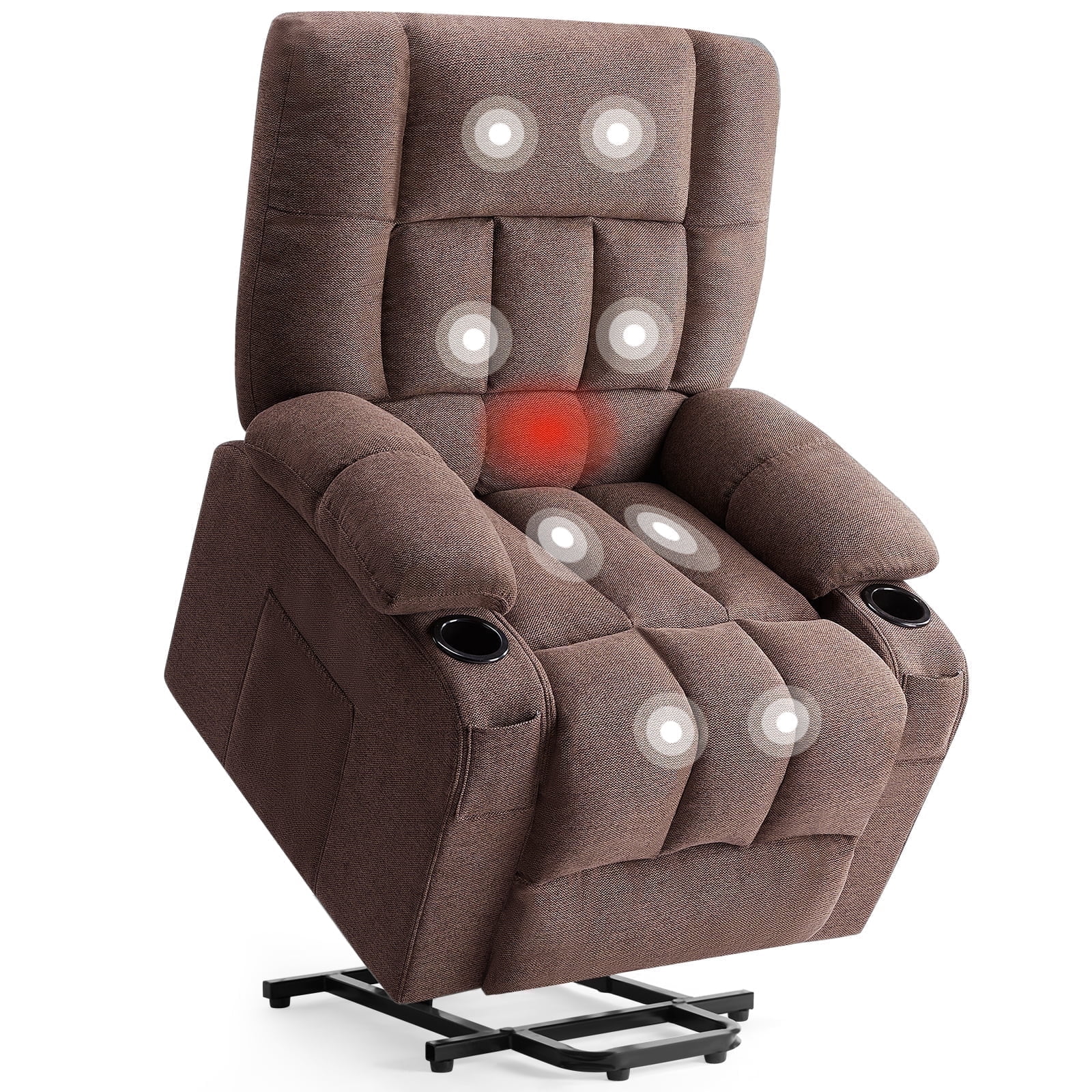 MCQ Recliner Chair, Single, Electric Lift Recliner with Massage and Heating, Brown, Includes Side Pockets and Cup Holders​