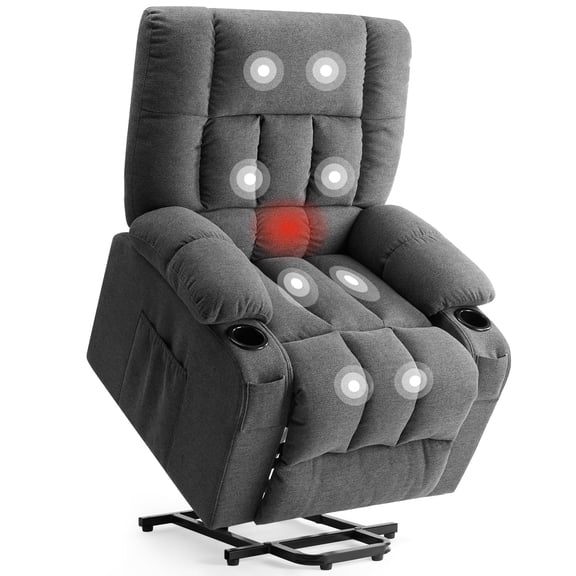 MCQ Recliner Chair, Single, Electric Lift Recliner with Massage and Heating, Gray, Includes Side Pockets and Cup Holders