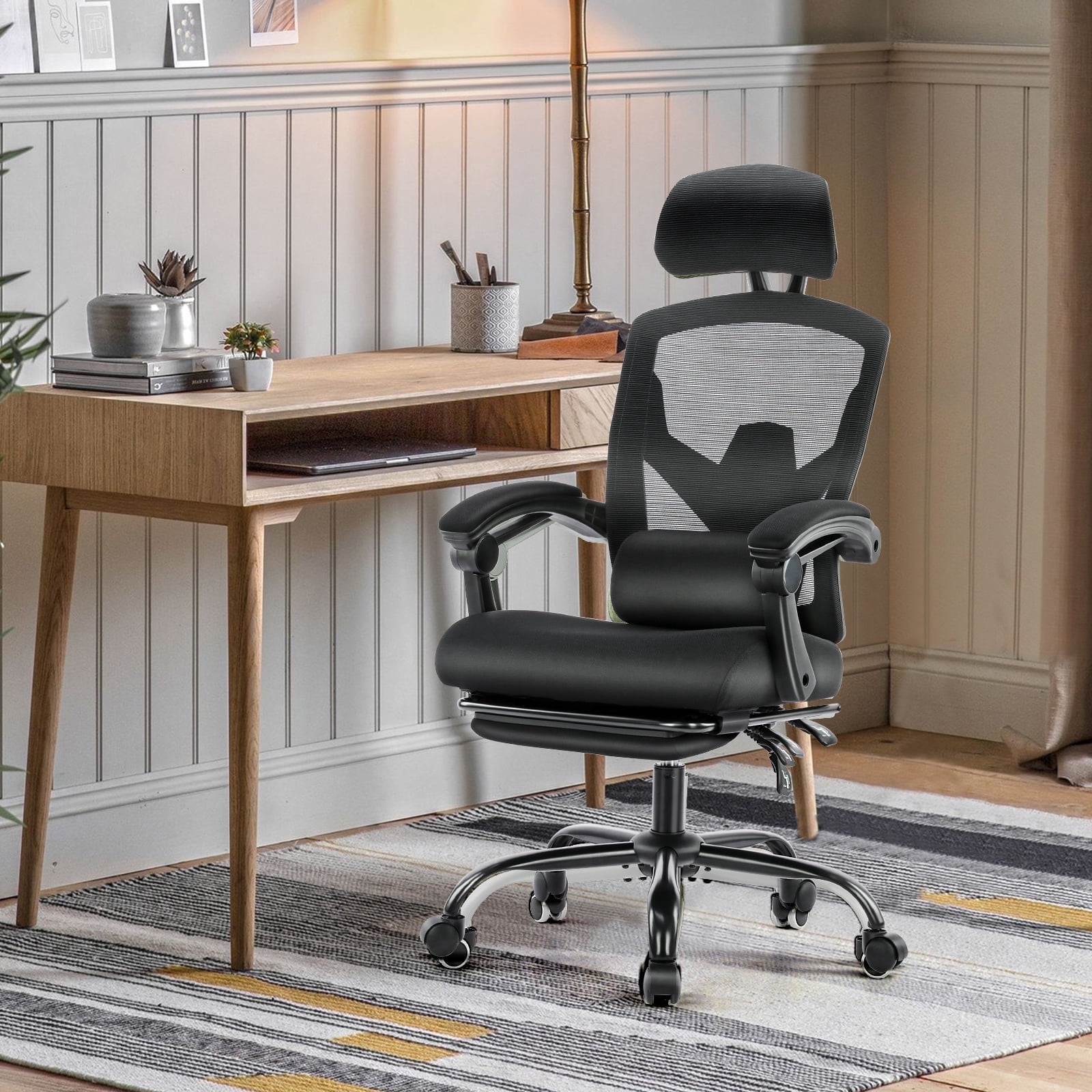MCQ Ergonomic Mesh Office Chair, High Back Home Swivel Chairs with Adjustable Lumbar Support, Headrest, Footrest, and Armrests, Black