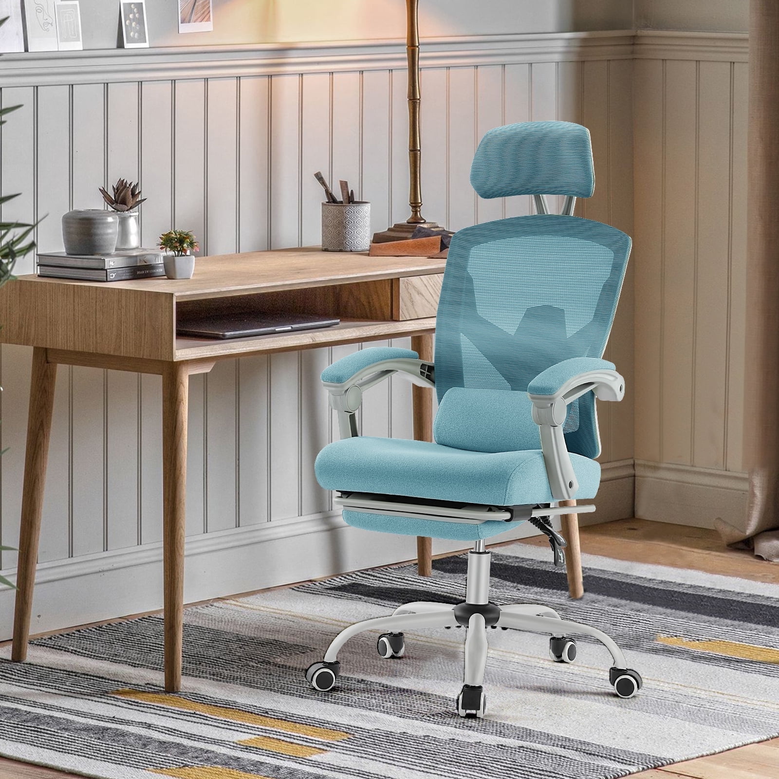 MCQ Ergonomic Mesh Office Chair, High Back Home Swivel Chairs with Adjustable Lumbar Support, Headrest, Footrest, and Armrests, Blue
