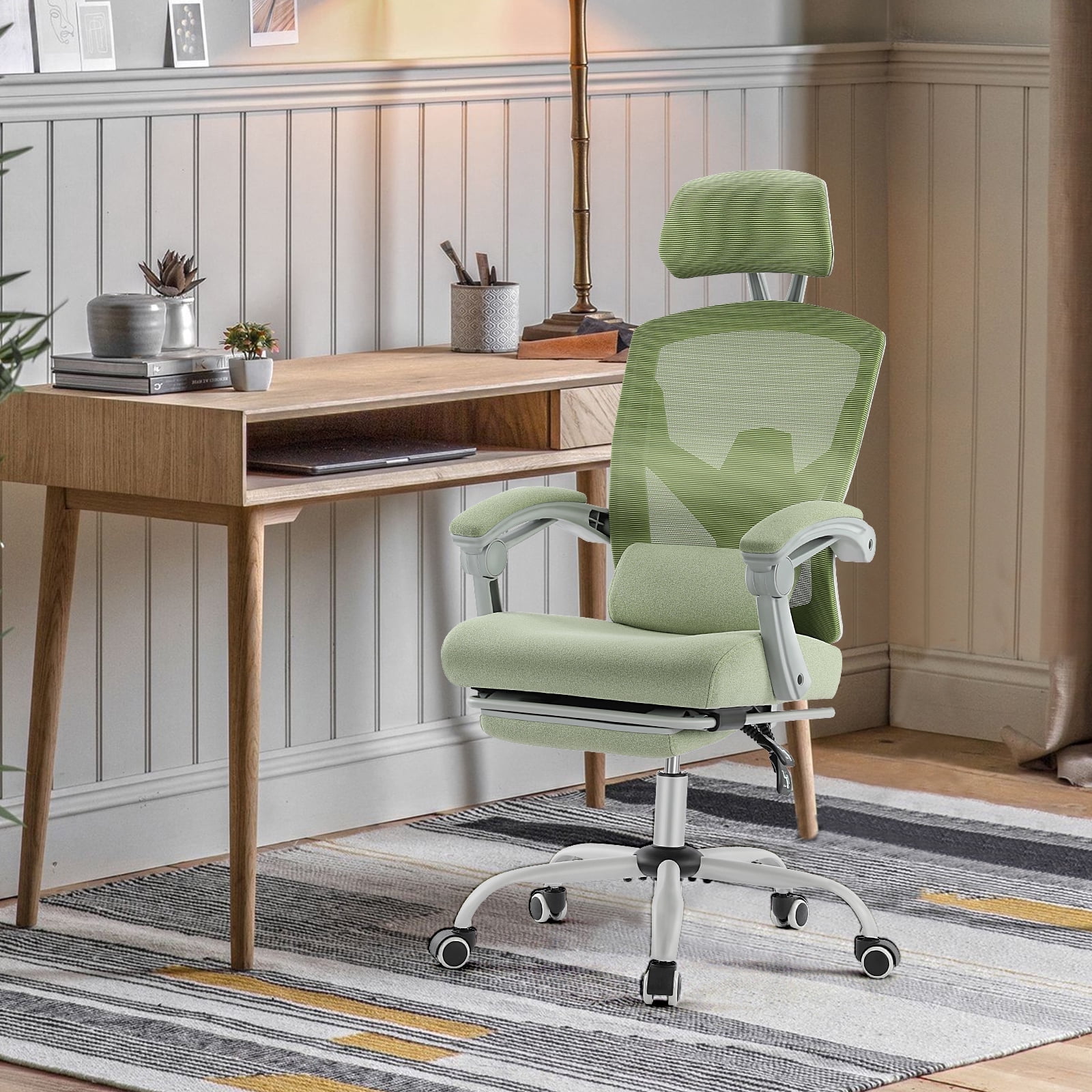 MCQ Ergonomic Mesh Office Chair, High Back Home Swivel Chairs with Adjustable Lumbar Support, Headrest, Footrest, and Armrests, Green