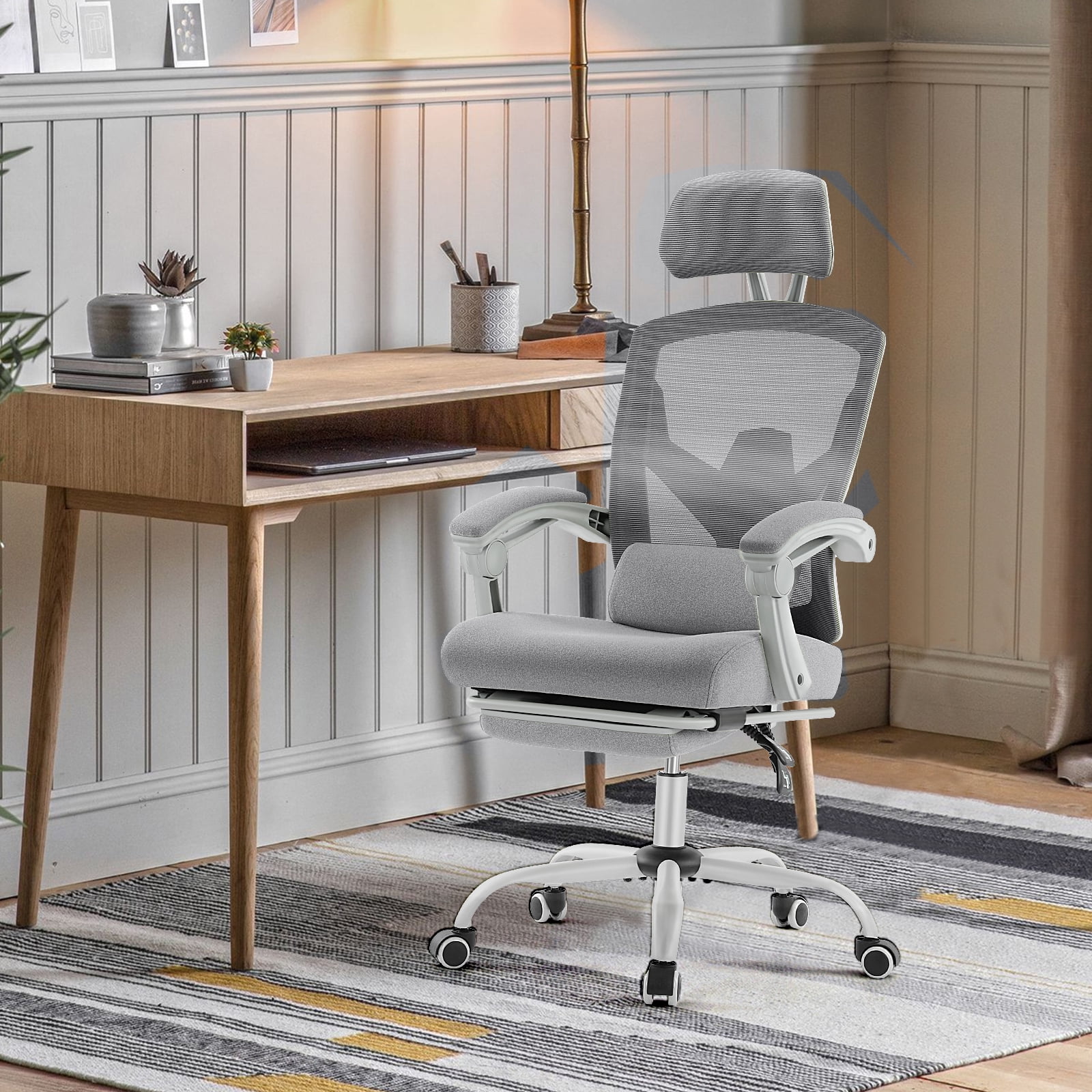 MCQ Ergonomic Mesh Office Chair, High Back Home Swivel Chairs with Adjustable Lumbar Support, Headrest, Footrest, and Armrests, Grey