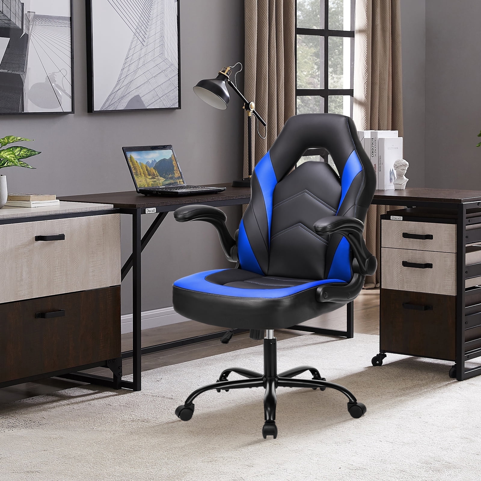 MCQ Gaming Chair PU Leather with Flip-up Soft Armrest, Lumbar Support, Height Adjustable, Swivel Chair, Black and Gray