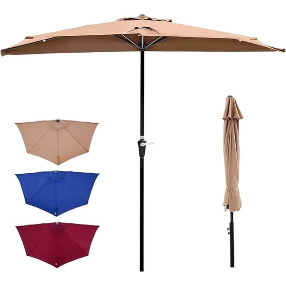 MCQ 9 ft Half Patio Umbrella with Crank, 5-Rib UV15+ Outdoor Shade for Balcony Deck, Brown