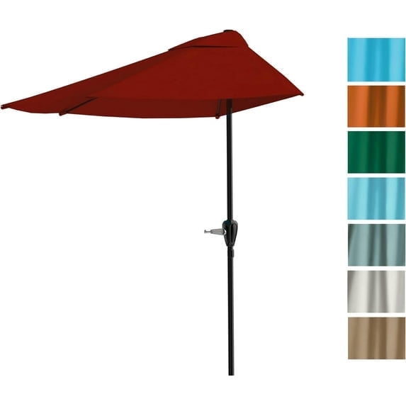 MCQ Half Patio Umbrella - 9 ft Outdoor Shade with Crank, 5-Rib Design & UV15+ Fabric for Balcony or Deck, Red