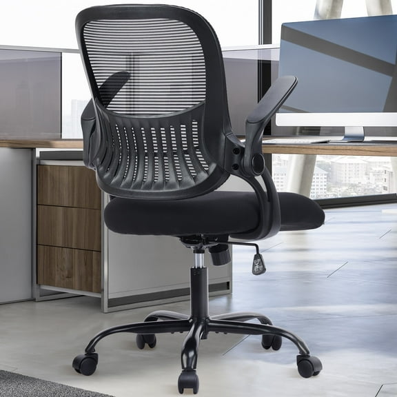 MCQ High-Back Office Chair with Footrest, Flip-Up Armrests, Mesh Fabric Computer Chair, Suitable for Home & Office Use, Black.