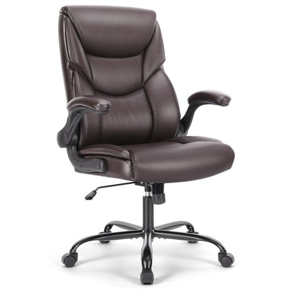 MCQ Home Ergonomic Office Chair, Heavy Duty Task Chairs with Wheels, Flip-up Arms, Adjustable Height, PU Leather, Brown