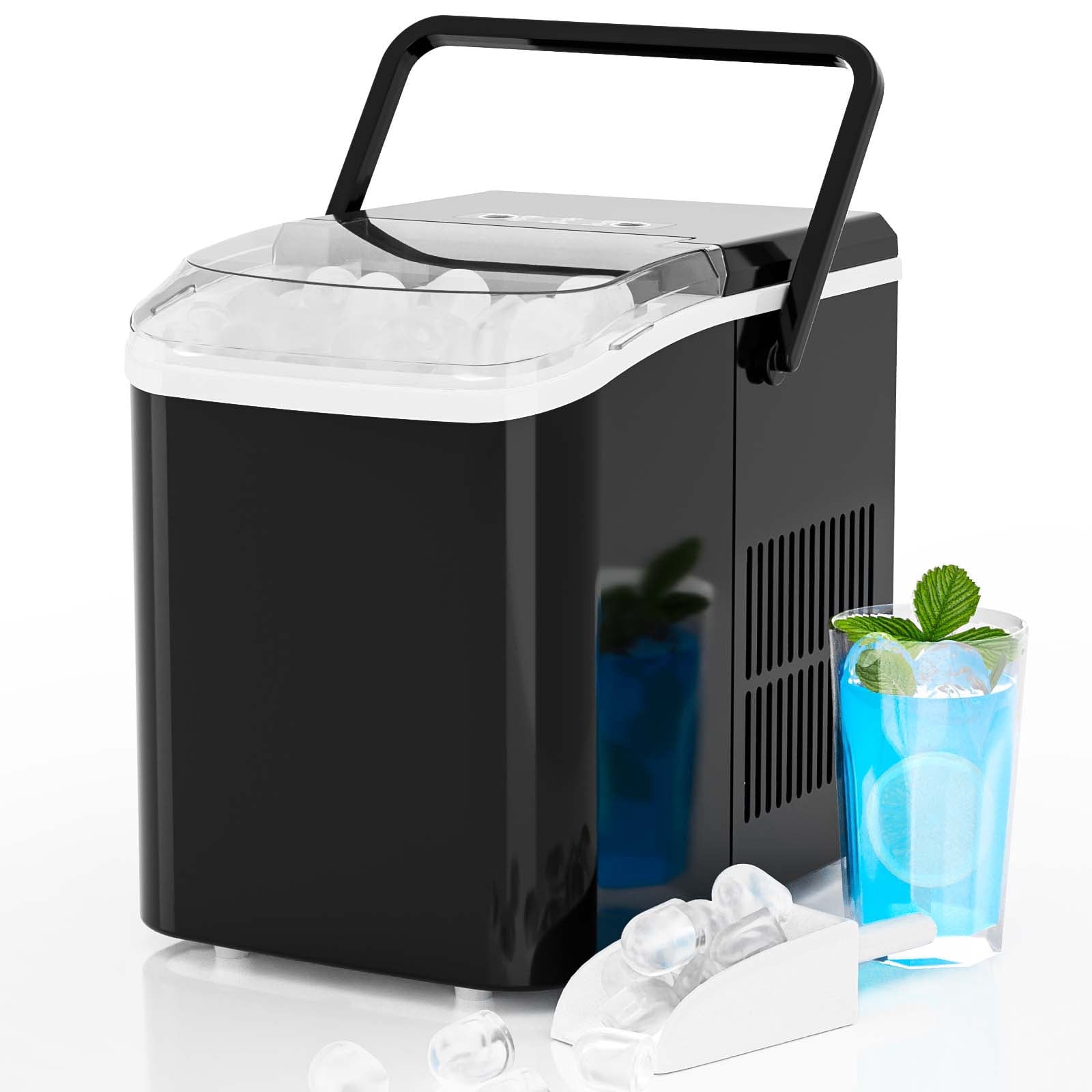 JIOABL Portable Countertop Ice Maker, Self-Cleaning, 9 Cubes in 6 Min, 26 lb/Day, 2L Tank, with Handle, Black