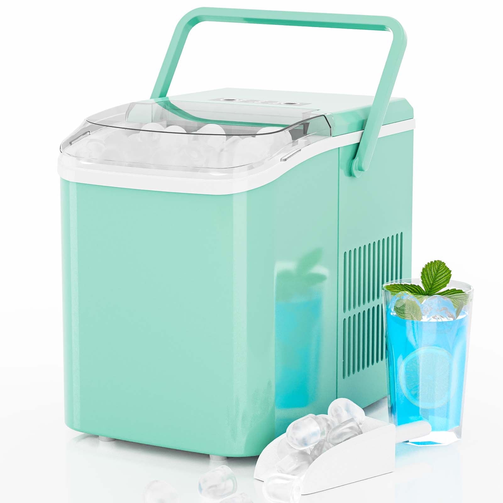 JIOABL Portable Countertop Ice Maker, Self-Cleaning, 9 Cubes in 6 Min, 26 lb/Day, 2L Tank, with Handle, Green