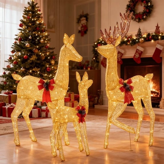 MCQ Large Lighted Christmas Deer Family Set with 360 Bright LED Warm Lights Standing Reindeer, Lawn Decor, Indoor Outdoor Front Yard Holiday Decoration, Stakes, Zip Ties, 3-Piece Gold