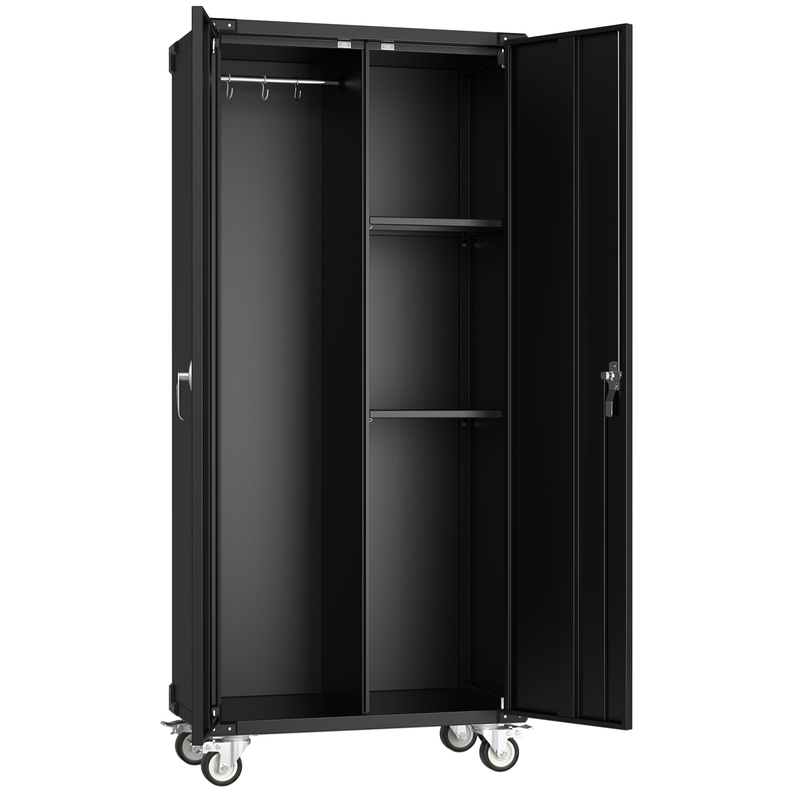 MCQ Metal Broom Storage Cabinet with Lock, Rolling Cleaning Tool Organizer for Mop, Dustpan, Garage, Laundry Room, 4 Lockable Casters, Easy Assembly