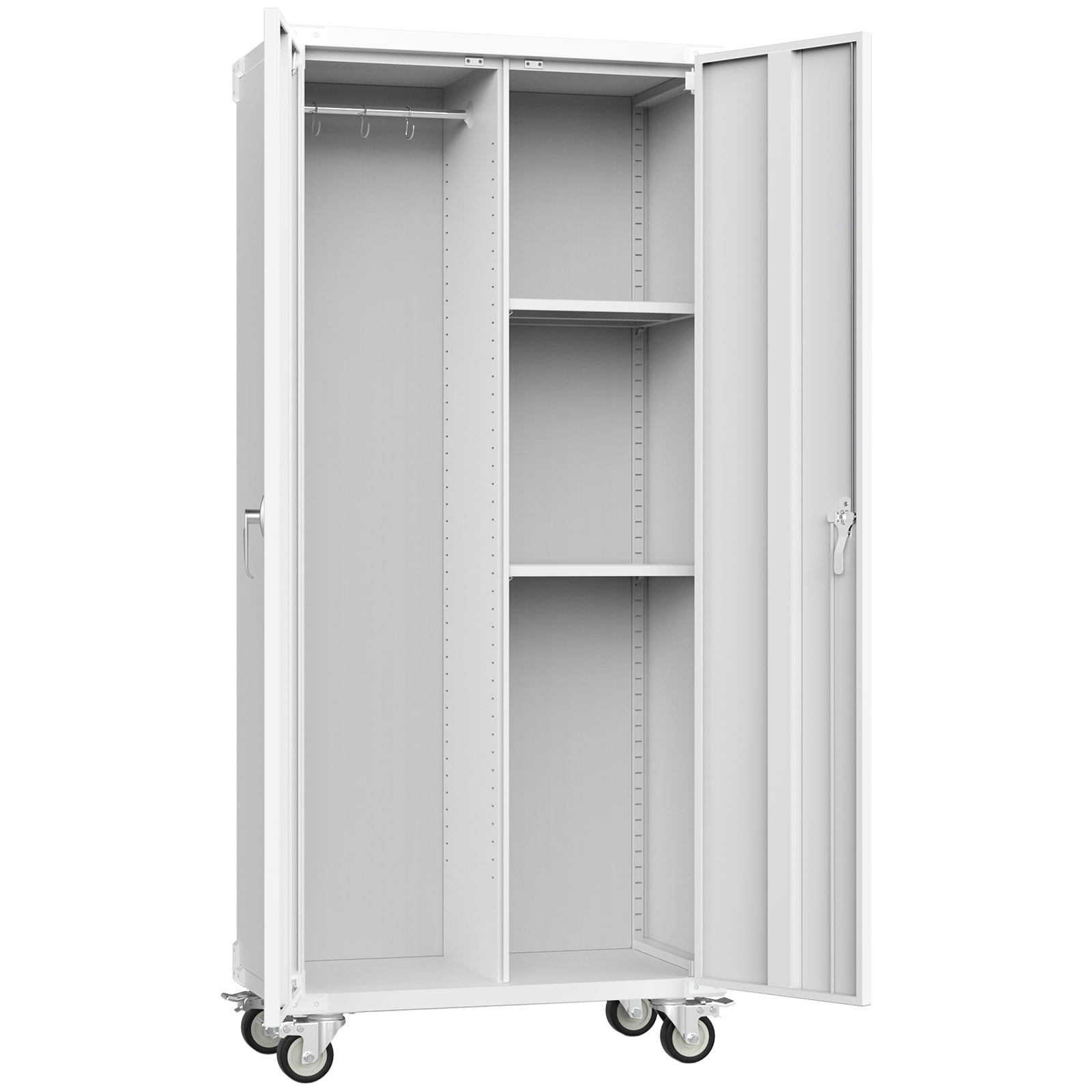 MCQ Metal Broom Storage Cabinet with Lock, Rolling Cleaning Tool Organizer for Mop, Dustpan, Garage, Laundry Room, 4 Lockable Casters, Easy Assembly