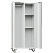 MCQ Metal Broom Storage Cabinet with Lock, Rolling Cleaning Tool Organizer for Mop, Dustpan, Garage, Laundry Room, 4 Lockable Casters, Easy Assembly