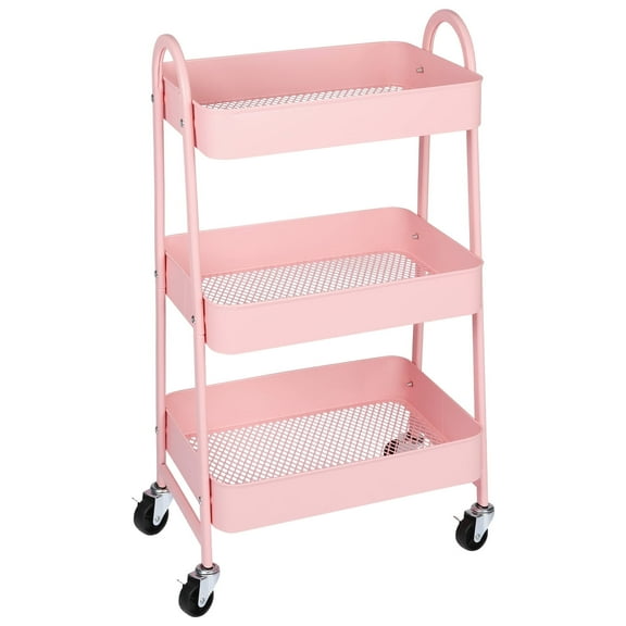 MCQ Metal Rolling Cart, 3 Tier Utility Mobile Storage Cart with Lockable Caster Wheels for Livingroom, Bathroom,Kitchen, Pink