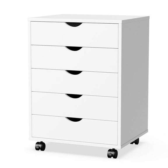 MCQ Mobile 5-Drawer Wooden Cabinet with Wheels, Versatile Storage Dresser for Home Office, Closet, or Studio – White