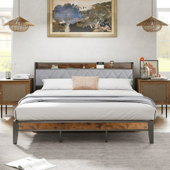 MCQ Modern Bed Frame with Charging Station, Metal Bed Frame with Upholstered Headboard, King