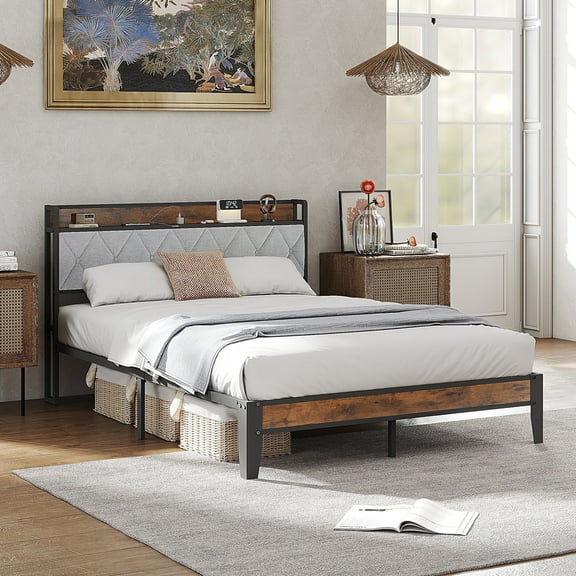 MCQ Modern Bed Frame with Charging Station, Metal Bed Frame with Upholstered Headboard, Queen