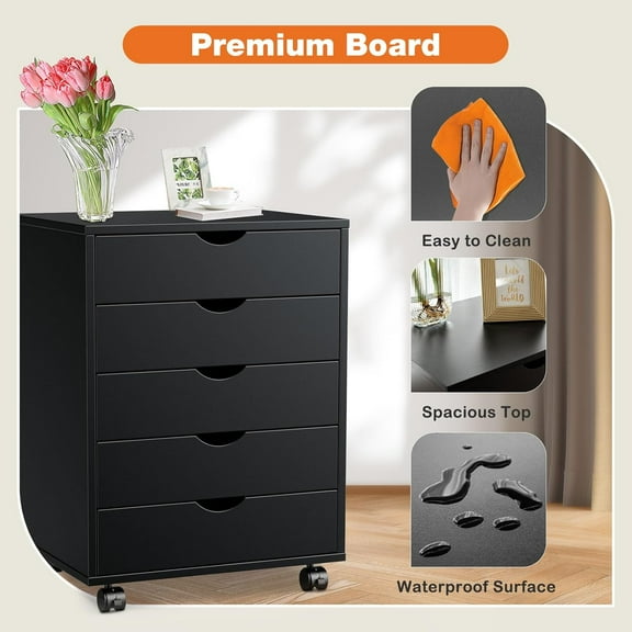 MCQ Move 5 Chest, Wooden Printer Stand on Wheels, Home Office File Cabinet Multi Level Storage Drawer, Black