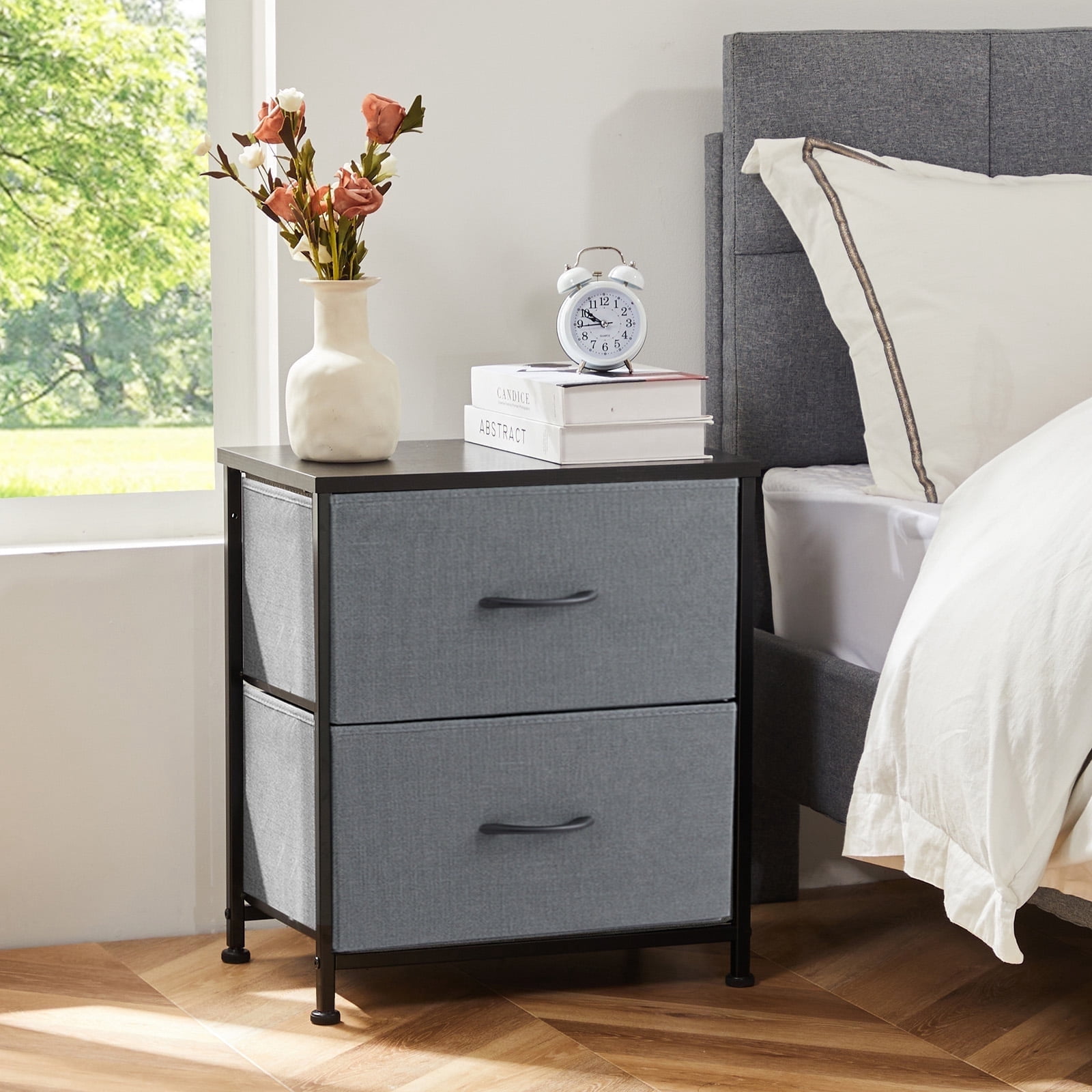 MCQ Nightstand, 2-Drawer Fabric Storage Dresser for Bedroom, Bedside Table, Storage Furniture for Adults, Gray