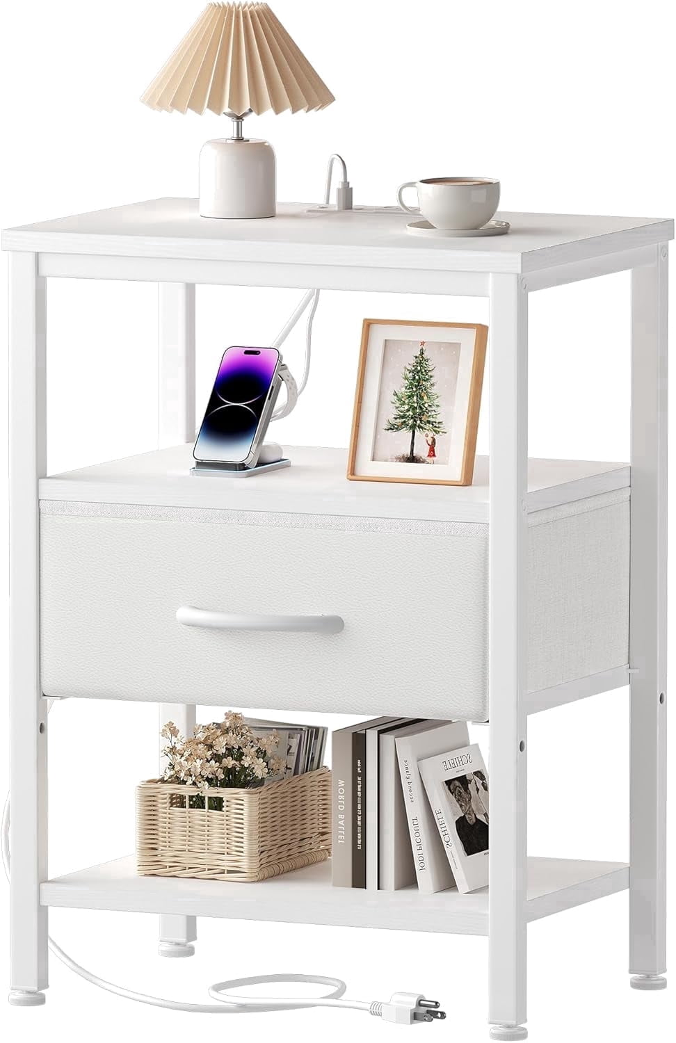 JIOABL 1 Drawer Nightstand with USB & Type-C Charging, Fabric Drawers, Metal Frame, White