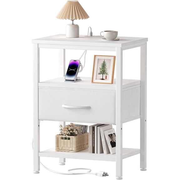 JIOABL 1 Drawer Nightstand with USB & Type-C Charging, Fabric Drawers, Metal Frame, White