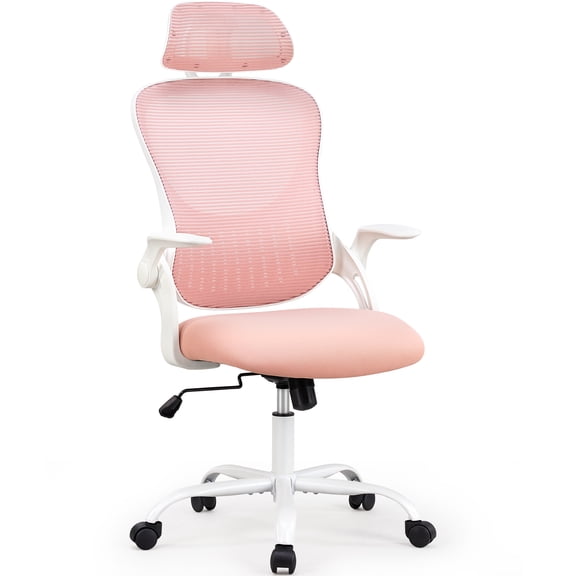 MCQ Office Chair, High Back Mesh Chair, with Headrest and Fixed Armrests, Pink