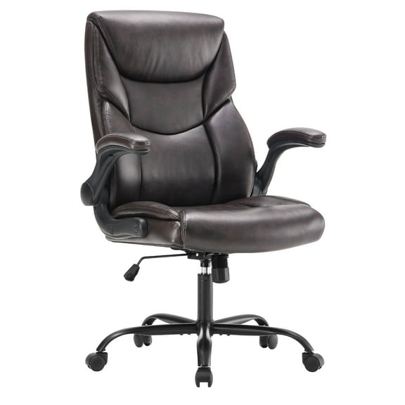 MCQ Office Chair,PU Leather Desk Chair with Lumbar Support, Wheels, and Flip-up Armrest, Brown