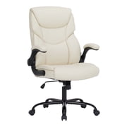 MCQ Office Chair,PU Leather Desk Chair with Lumbar Support, Wheels, and Flip-up Armrest, White