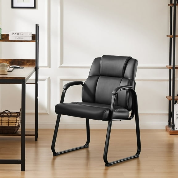 MCQ PU Leather Visitor Chair with Armrests, Luxurious Seating for Office, Conference Room, Black