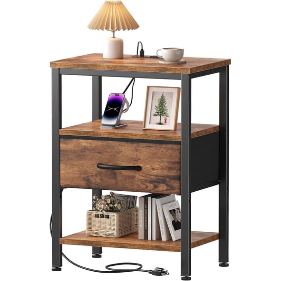 JIOABL 1 Drawer Nightstand with USB & Type-C Charging, Fabric Drawers, Metal Frame, Rustic Brown