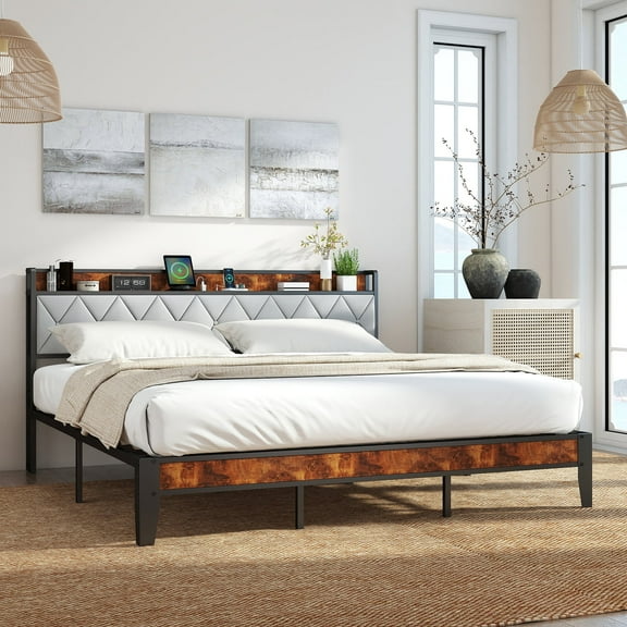 MCQ Queen Bed Frame with Headboard Integrated Charging Station