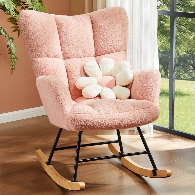 MCQ Rocking Chair Nursery, Teddy Upholstered Glider Rocker with High Backrest, Reading Chair Modern Rocking Accent Chairs Glider Recliner, Pink
