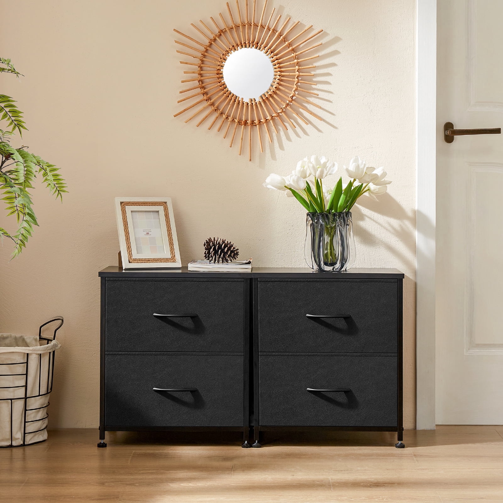 MCQ Set of 2 Nightstand, 2-Drawer Fabric Storage Dresser for Bedroom, Bedside Table, Storage Furniture for Adults, Black