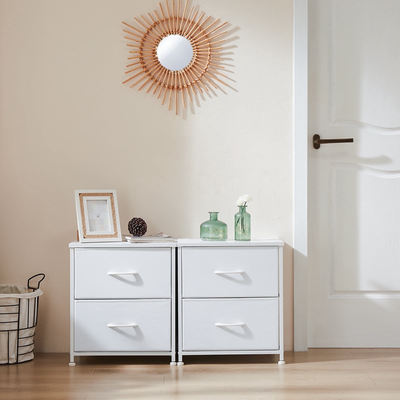 MCQ Set of 2 Nightstand, 2-Drawer Fabric Storage Dresser for Bedroom, Bedside Table, Storage Furniture for Adults, White