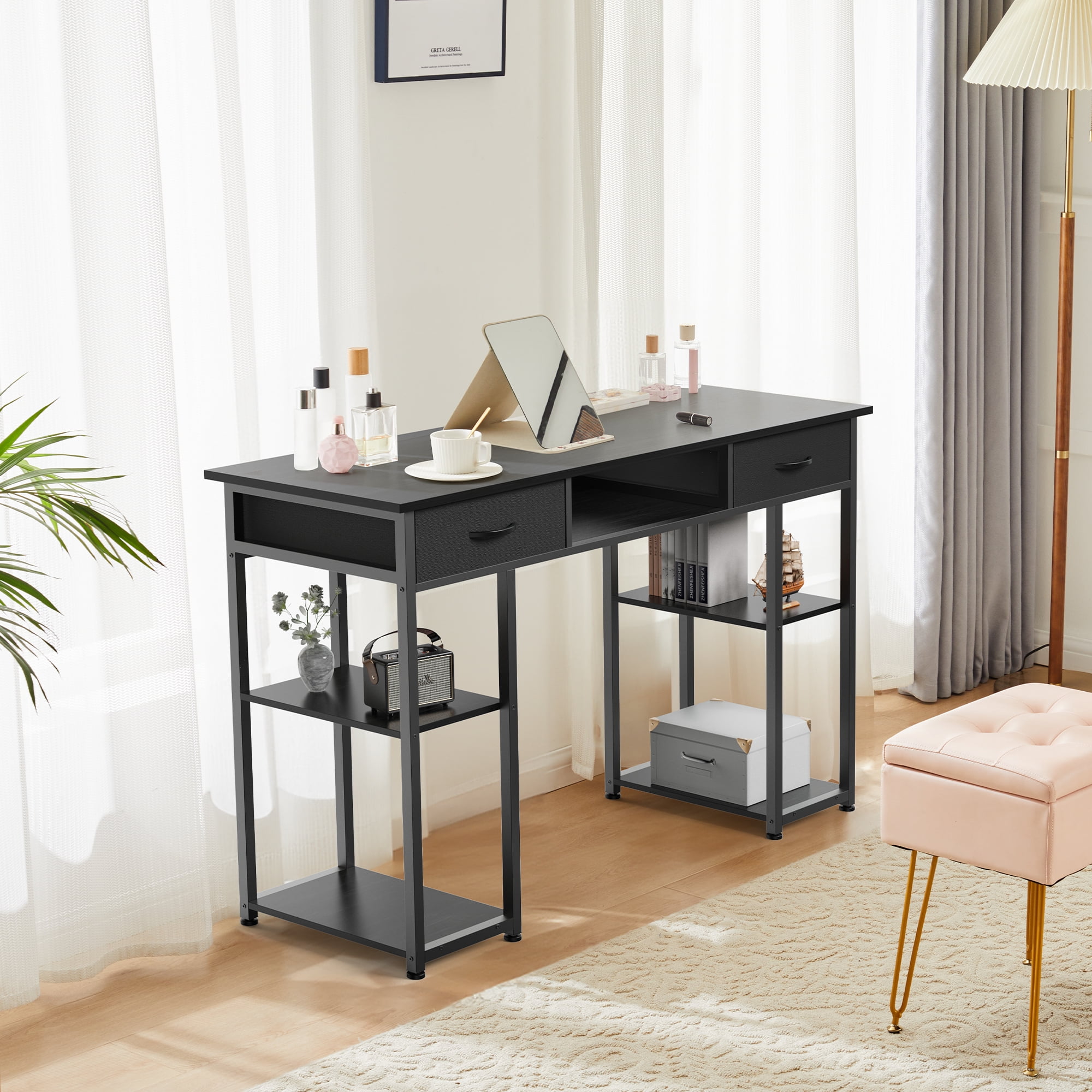 MCQ Small White Desk with Drawers for Bedroom, Reversible Computer ...