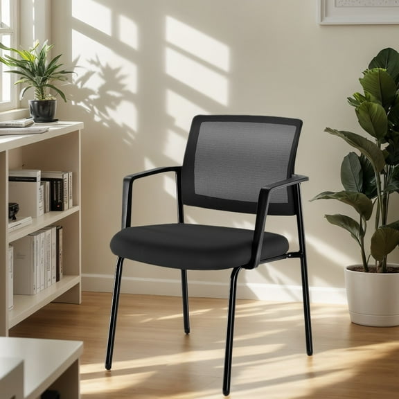 MCQ Stacking Chairs with Arm, Upholstered Sturdy Metal Mesh Back Chairs, Black, 1 Pack