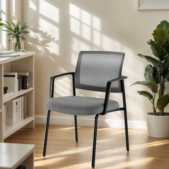 MCQ Stacking Chairs with Arm, Upholstered Sturdy Metal Mesh Back Chairs, Grey, 1 Pack