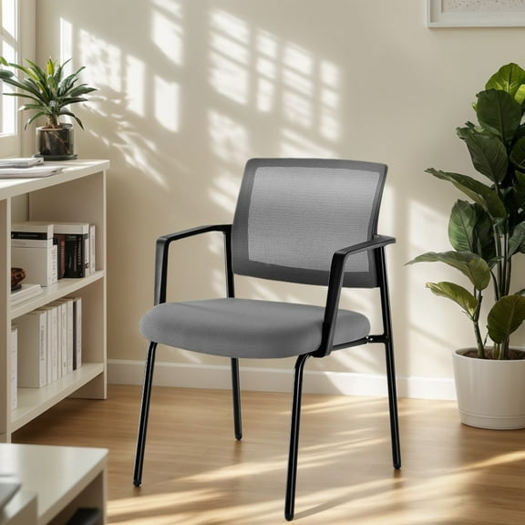 MCQ Stacking Chairs with Arm, Upholstered Sturdy Metal Mesh Back Chairs, Grey, Set of 2