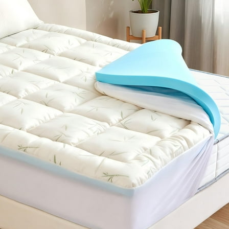 MCQ Twin Size Double Layer Mattress Topper, 2 inch Gel Memory Foam & 2 inch Cool Pillow Top for Back Pain Relief, Medium Firm