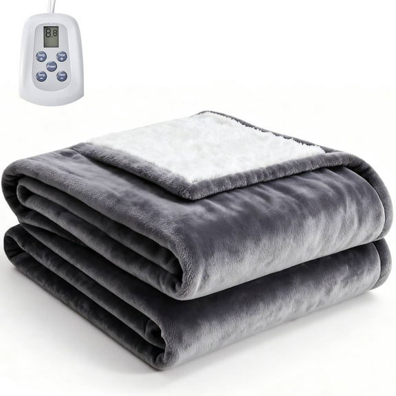 MCQ Twin Size Electric Heated Blanket 84"x62" with Dual Zone Independent Control, Washable Flannel & Sherpa Fabric, 10 Heat Levels, Auto Shut-Off