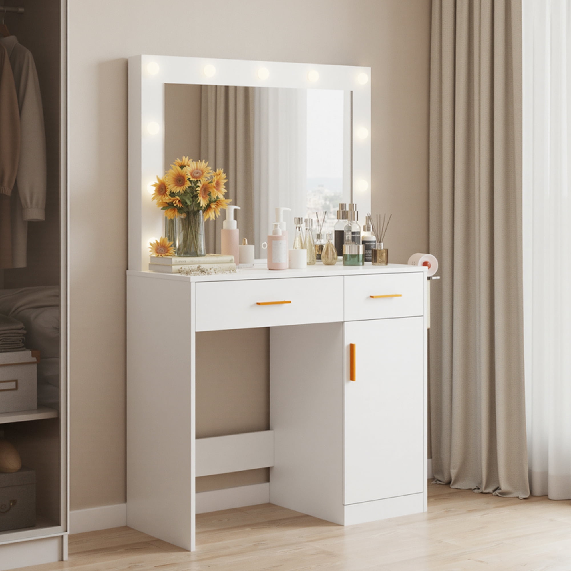 JIOABL Vanity Desk with Mirror and Lights, Makeup Vanity Table with Hair Dryer & Power Outlet, 2-Drawer Dressing Table for Bedroom,White