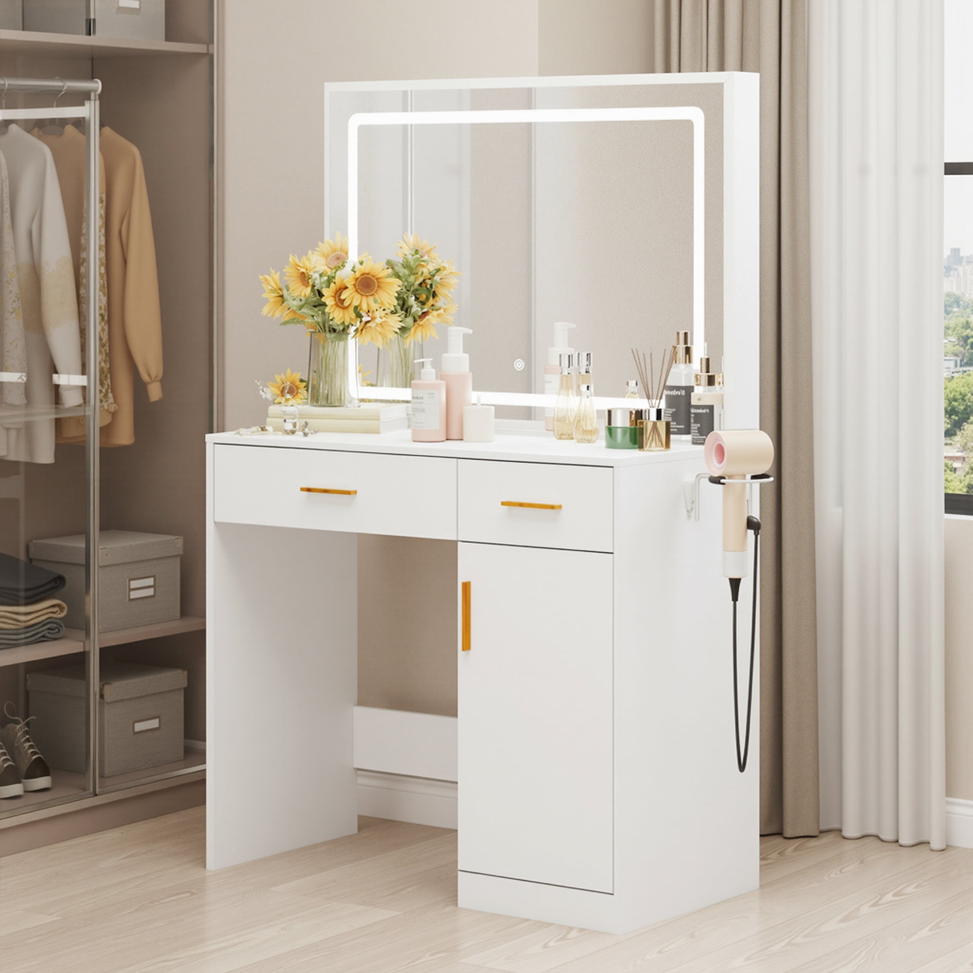 JIOABL Vanity Desk with Mirror and Lights, Makeup Vanity Table with Hair Dryer & Power Outlet, 2-Drawer Dressing Table for Bedroom,White