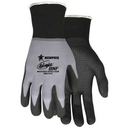 mcr safety n96797s ninja bnf nitrile gloves, ansi puncture 2, abrasion 4, 15 gauge nylon/spandex shell with bnf palm and fingertip coating and nitrile grip dots, 1-pair, small