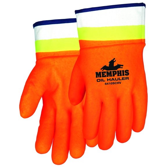 MCR Safety 6410SCHV Premium Double-Dipped Hi-Viz PVC Jersey Lined Sandpaper Finish Men's Gloves with Plasticized Safety Cuff, Orange/Lime, Large, 1-Pair